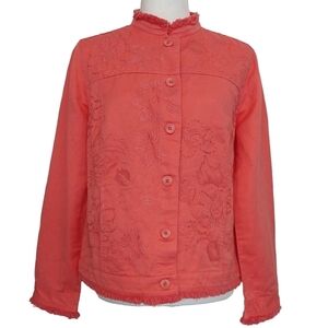 Chico's Linen Blend Coral Pink Floral Embroidered Button-Up Jacket Fringe Trim